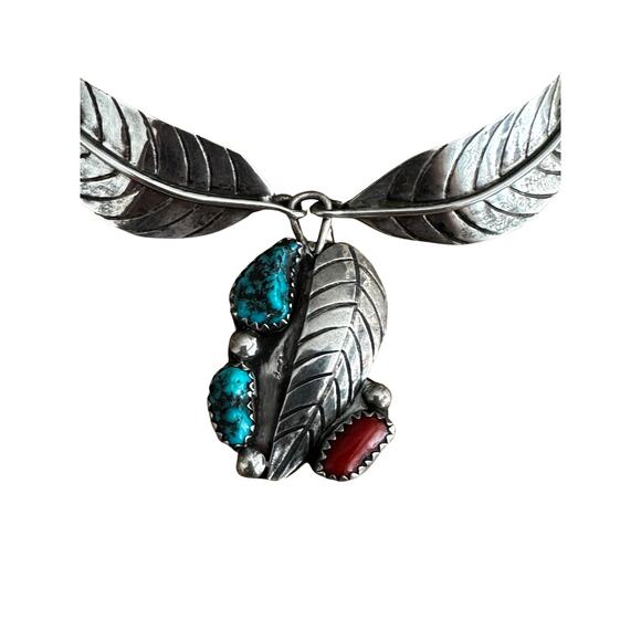 Sterling Silver Turquoise Coral Signed GN Collar Necklace - Picture 3 of 7